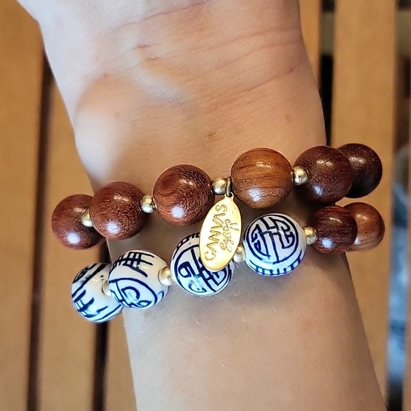 Jewelry - Canvas Style Iris Chinoiserie & Wood Stretch Bracelet Stack in Brown